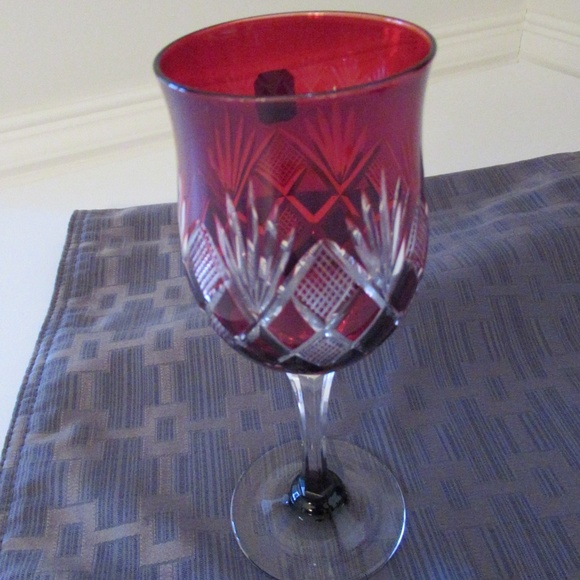 1  Red & 1 Blue Hand cut to clear glass Stemware - Picture 7 of 11